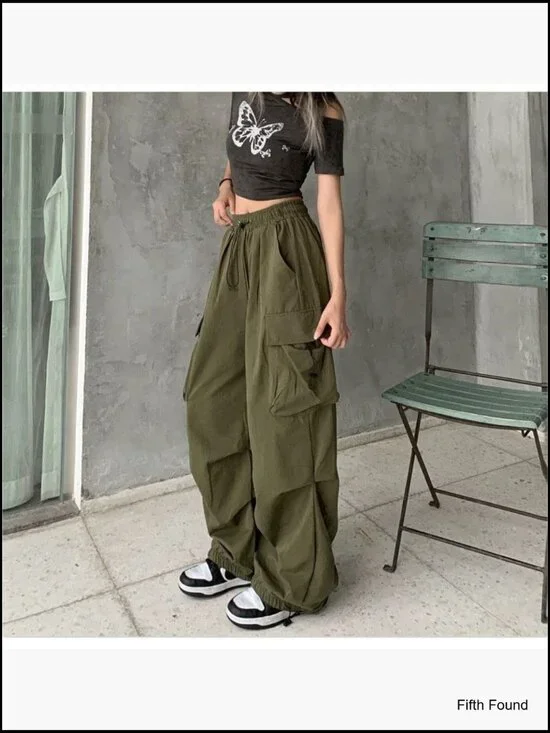Women's Baggy Cargo Pants High Waist Straight Leg Multi Pocket Loose Fit - Picture 4 of 7